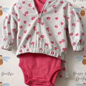 NWT Carters 3 piece Gray Heart Print Zip-Up Jacket with Pink Bodysuit Set